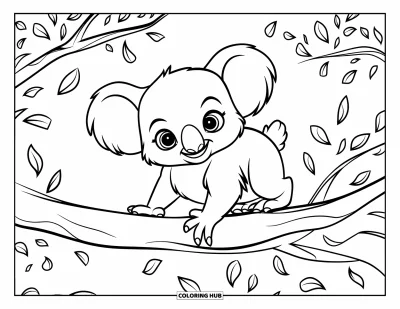 Baby-Koala-Ausmalbild für Kinder: Ein Baby-Koala klammert sich fest an einen Ast, während Blätter um ihn herum wirbeln