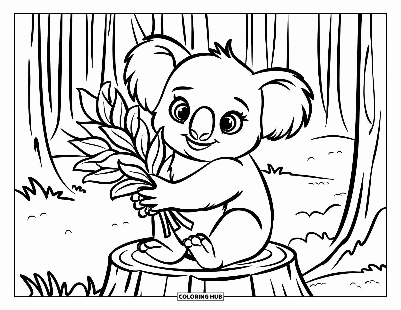 Baby Koala Coloring Page for Kids: A baby koala holds eucalyptus leaves while sitting on a stump