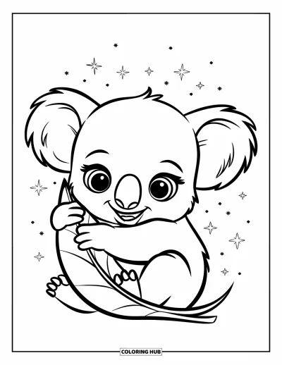 Baby-Koala-Ausmalbild für Kinder: Ein Baby-Koala umarmt ein großes Blatt unter einem sternenfunkelnden Himmel