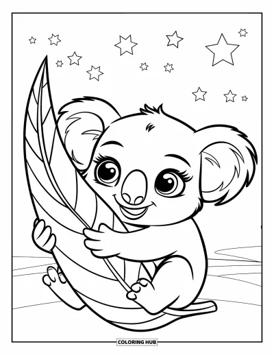 Baby-Koala-Ausmalbild für Kinder: Ein Baby-Koala umarmt ein großes Blatt, während Sterne über ihm funkeln