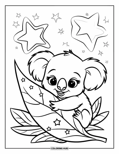 Baby-Koala-Ausmalbild für Kinder: Ein Baby-Koala umarmt eine blattförmige Form unter einem leuchtenden Sternenhimmel