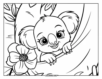 Baby-Koala-Ausmalbild für Kinder: Ein Baby-Koala schaut aus einem Beutel hervor, neben einer Blume und einigen Blättern