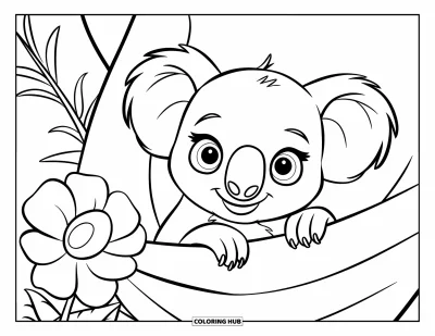 Baby-Koala-Ausmalbild für Kinder: Ein Baby-Koala lugt aus einem Beutel hervor, neben einer großen Blume und einfachem Blätterwerk