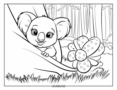 Baby-Koala-Ausmalbild für Kinder: Ein Baby-Koala schaut aus einem Beutel hervor, mit Blumen und Waldbäumen dahinter