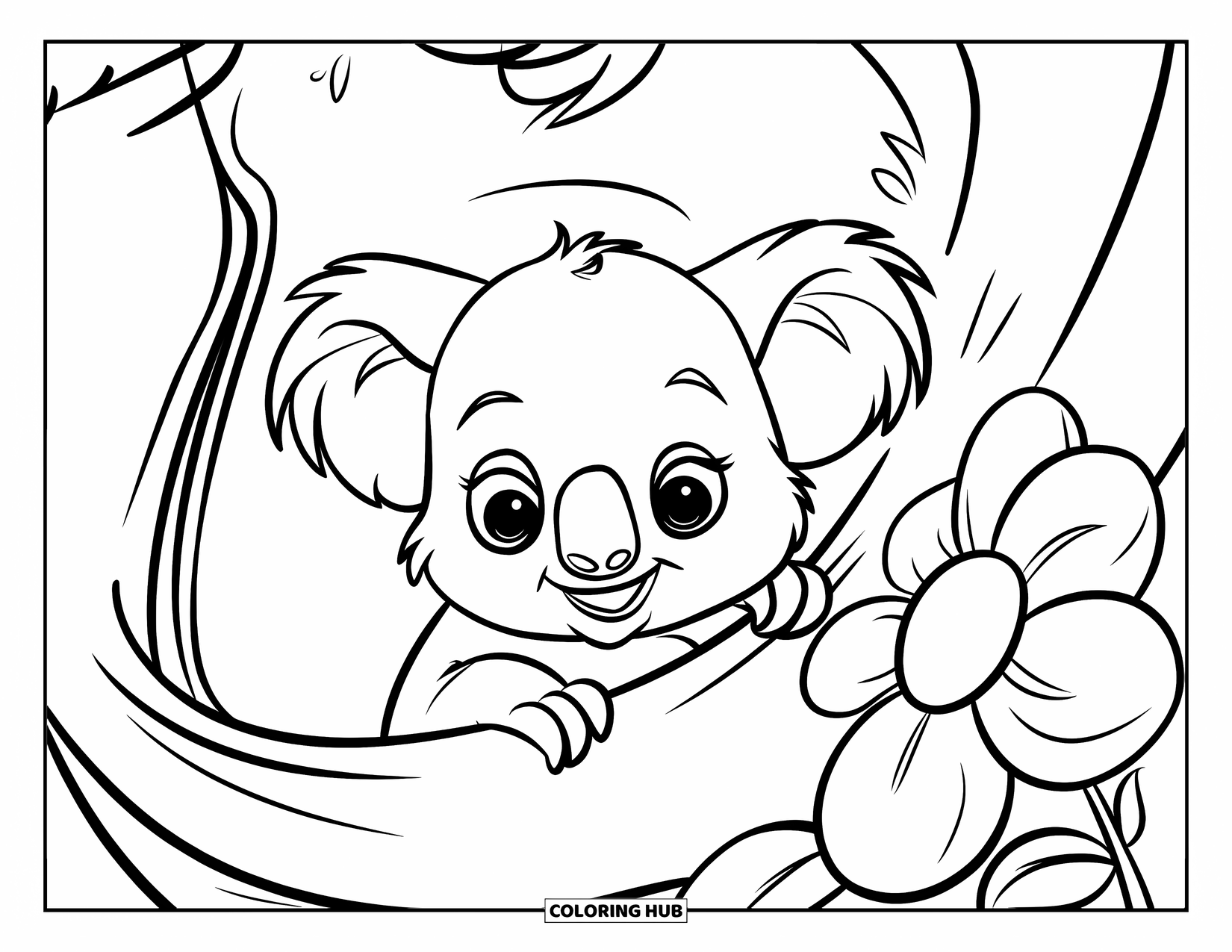 Baby Koala Coloring Page for Kids: A baby koala peeks out from its mother's pouch beside a big flower