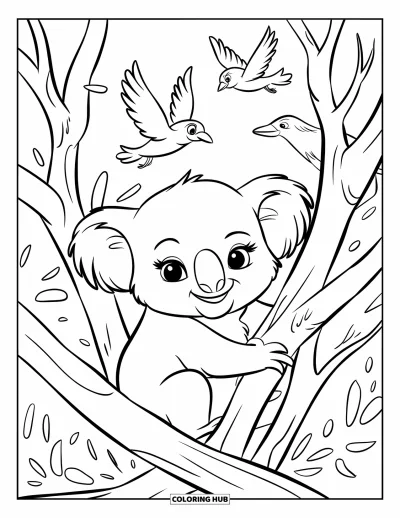 Baby-Koala-Ausmalbild für Kinder: Ein Baby-Koala ruht in belaubten Ästen, während Vögel im Flug zu sehen sind