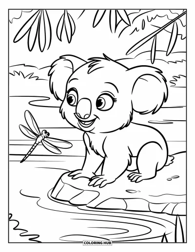 Baby-Koala-Ausmalbild für Kinder: Ein Baby-Koala sitzt an einem Teich und beobachtet eine Libelle