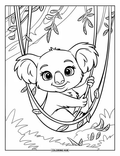 Baby-Koala-Ausmalbild für Kinder: Ein Baby-Koala sitzt in einer Hängematte aus Ranken in einem belaubten Wald