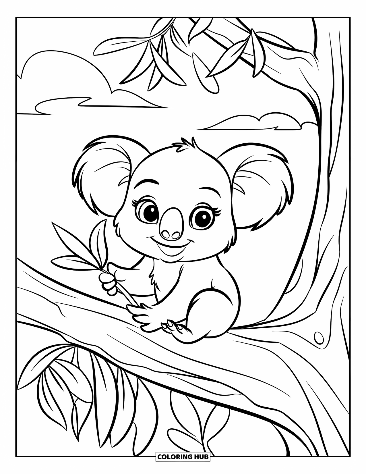 Baby Koala Coloring Page for Kids: A baby koala sits on a big branch holding a leaf under a fluffy white sky