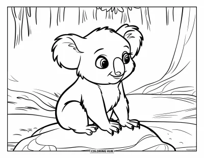 Baby-Koala-Ausmalbild für Kinder: Ein Baby-Koala sitzt auf einem Felsbrocken in einem nebligen Wald