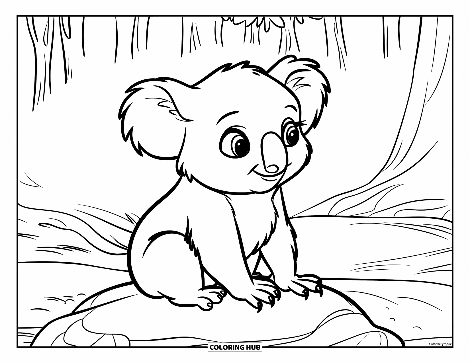 Baby Koala Coloring Page for Kids: A baby koala sits on a boulder in a misty forest
