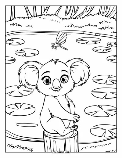 Baby-Koala-Ausmalbild für Kinder: Ein Baby-Koala sitzt auf einem Pfahl neben Seerosenblättern und einer Libelle