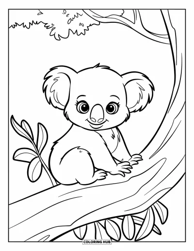 Baby-Koala-Ausmalbild für Kinder: Ein Baby-Koala sitzt auf einem Ast mit einigen Eukalyptusblättern in der Nähe