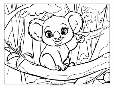 Baby-Koala-Ausmalbild für Kinder: Ein Baby-Koala sitzt aufrecht auf einem windigen Ast im Wald
