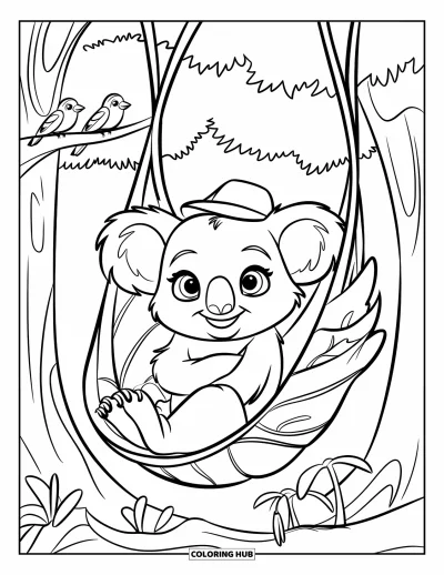 Baby-Koala-Ausmalbild für Kinder: Ein Baby-Koala schaukelt in einer Blatthängematte und trägt ein kleines Hütchen