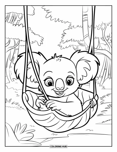 Baby-Koala-Ausmalbild für Kinder: Ein Baby-Koala schaukelt in einer Blatthängematte zwischen Waldreben