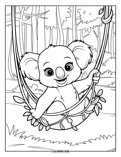Baby-Koala-Ausmalbild für Kinder: Ein Baby-Koala schaukelt in einer Blatthängematte im Wald