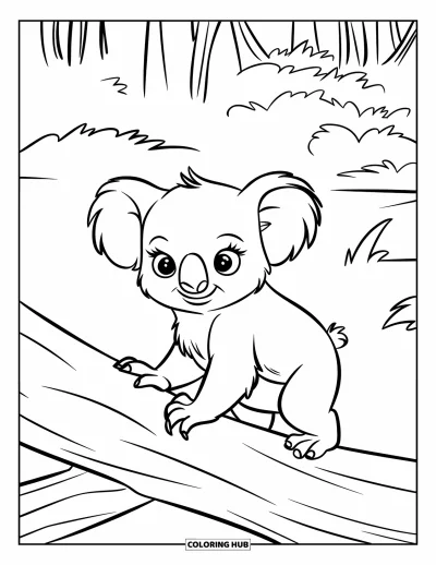 Baby-Koala-Ausmalbild für Kinder: Ein Baby-Koala läuft über einen Baumstamm im nebligen Buschland
