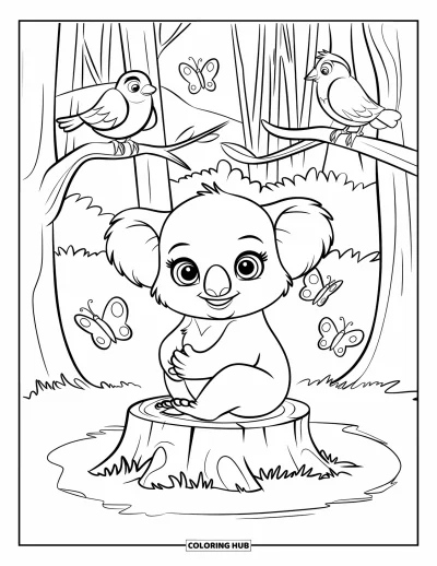 Baby-Koala-Ausmalbild für Kinder: Ein Baby-Koala beobachtet Schmetterlinge und Vögel von einem Baumstumpf aus
