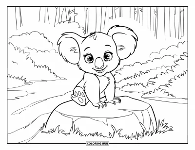 Baby-Koala-Ausmalbild für Kinder: Ein Baby-Koala mit großen Augen sitzt auf einem Felsen in einem nebligen Wäldchen
