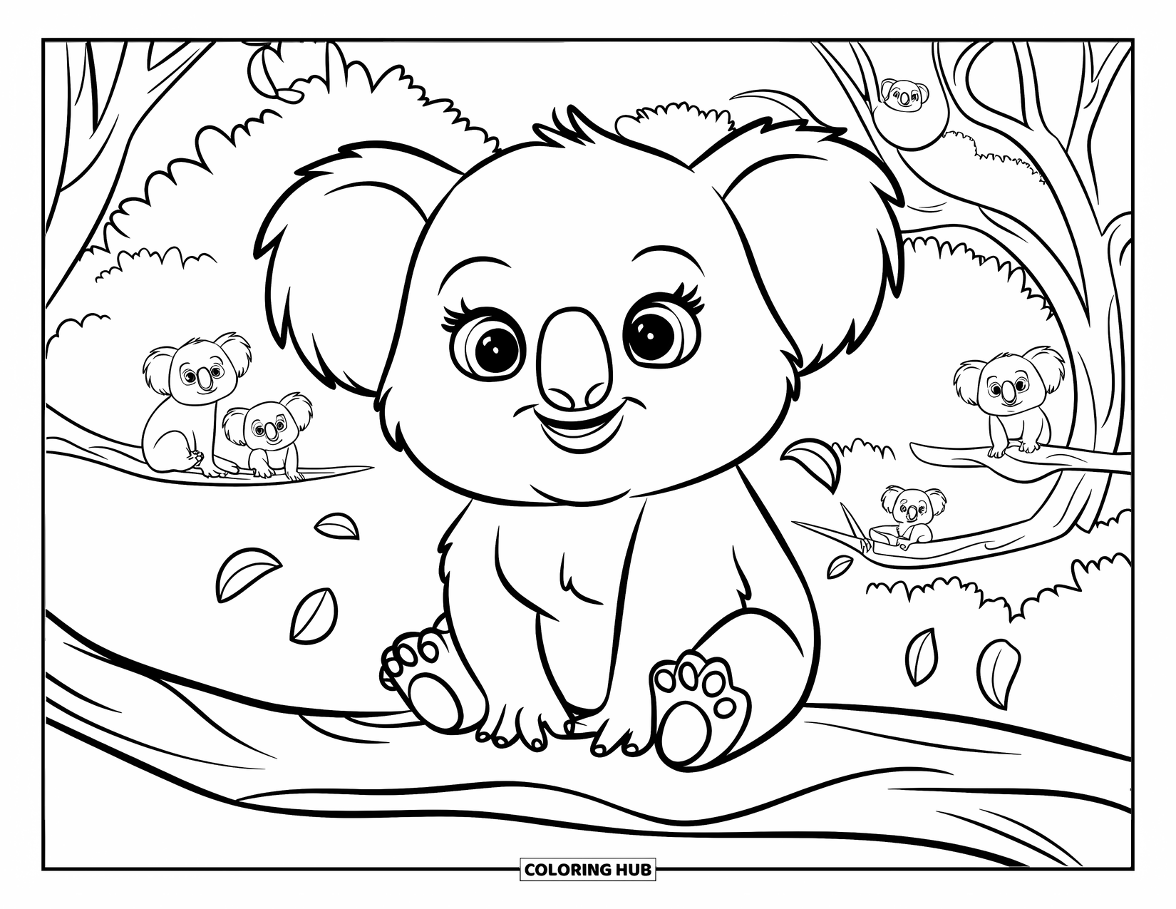 Baby Koala Coloring Page for Kids: A chubby koala rests on a branch with floating leaves and forest around