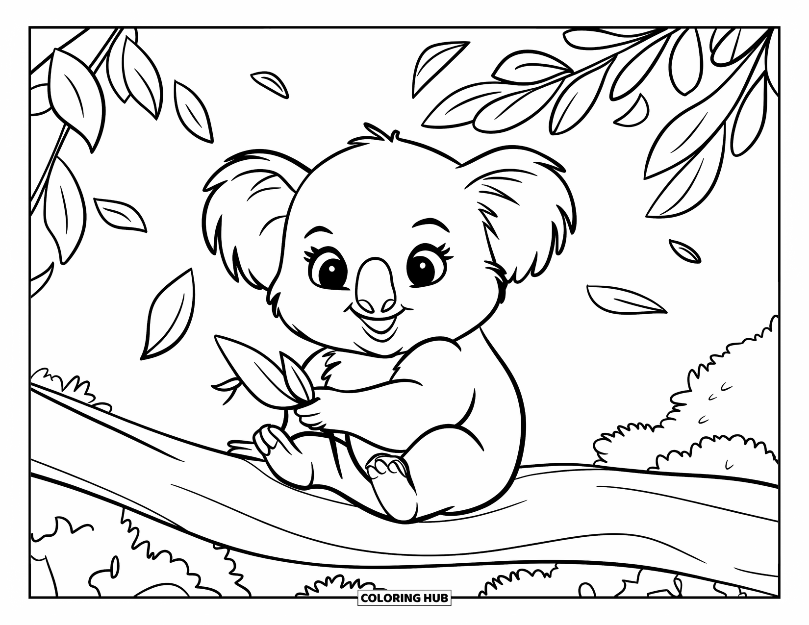 Baby Koala Coloring Page for Kids: A chubby koala sits on a branch holding a leaf, surrounded by floating leaves