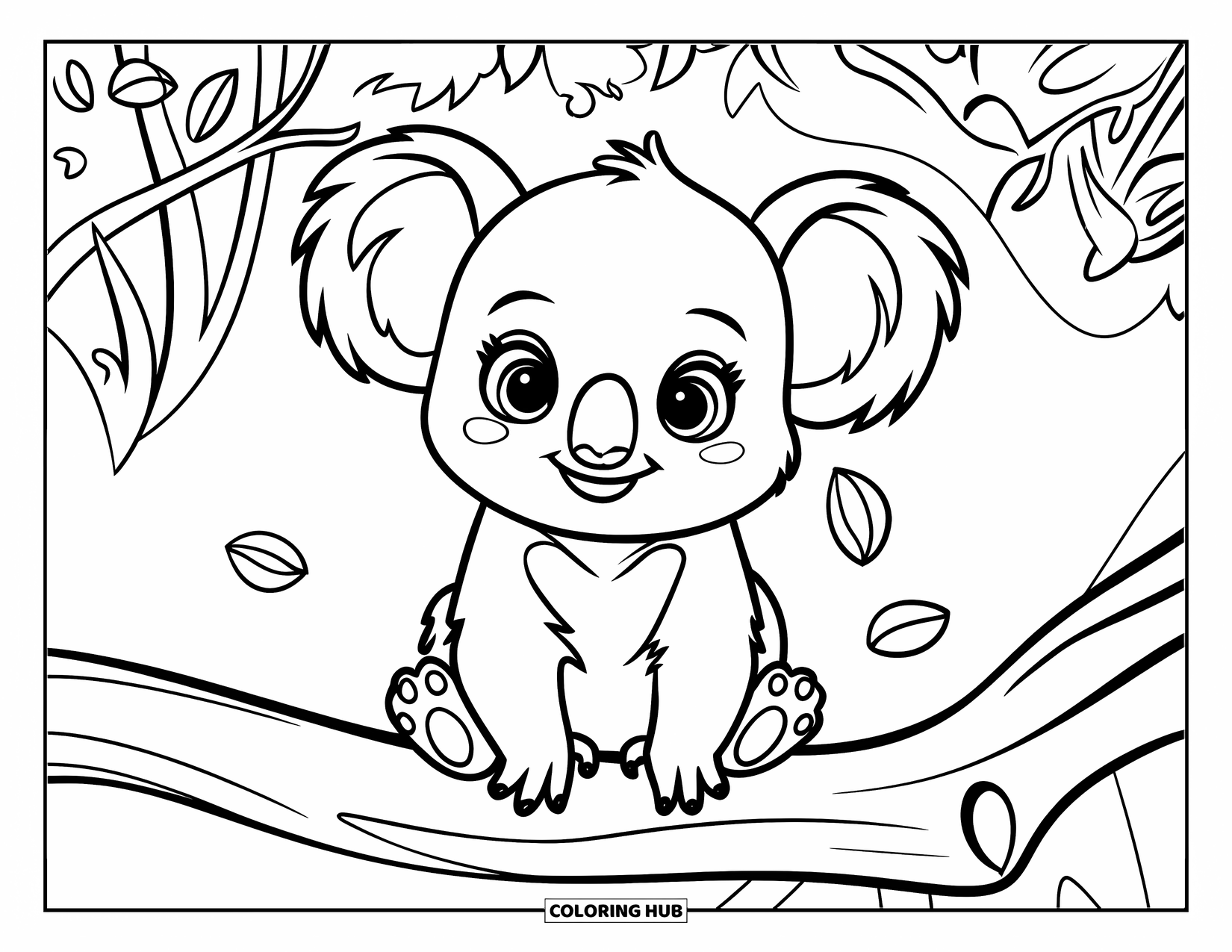 Baby Koala Coloring Page for Kids: A chubby koala sits quietly on a branch with a few leaves drifting nearby
