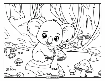 Baby-Koala-Ausmalbild für Kinder: Ein neugieriger Koala sitzt auf einem Felsen, umgeben von Pilzen