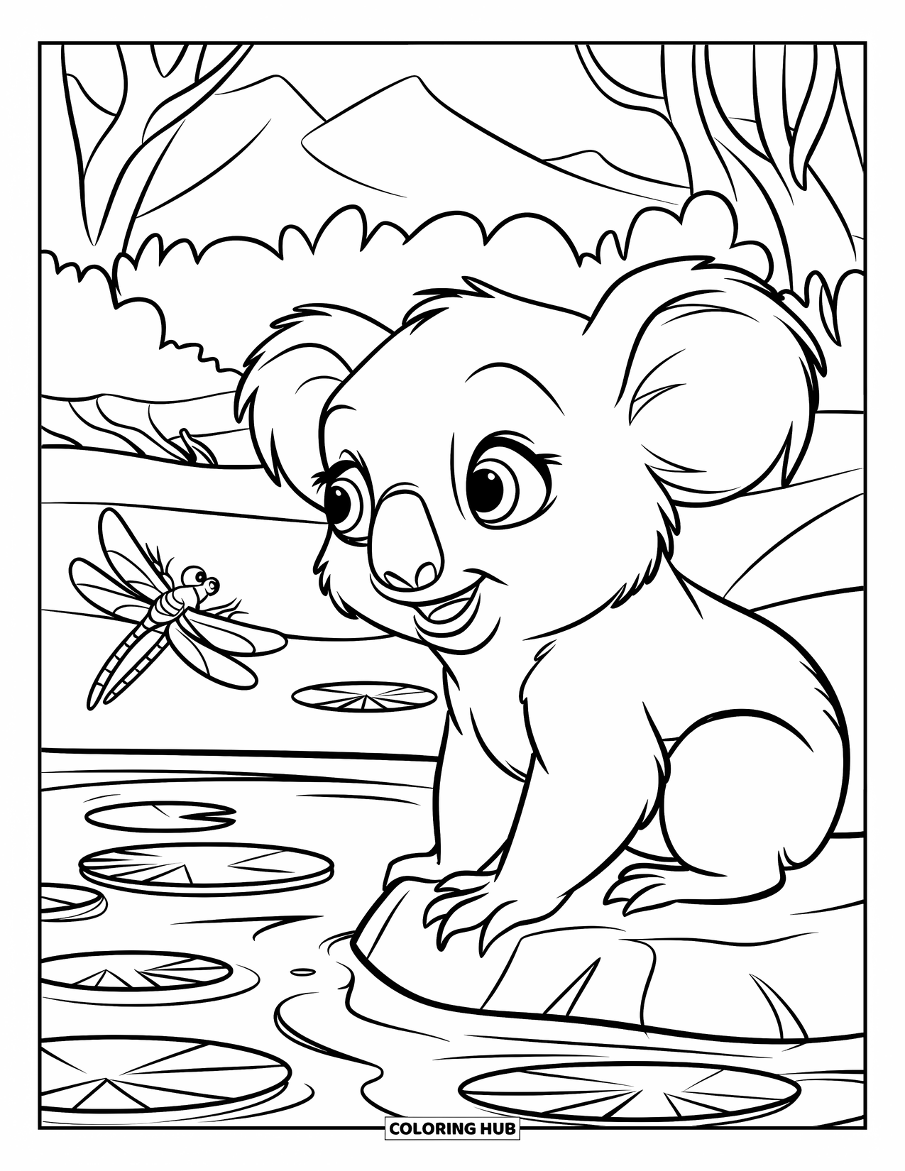 Baby Koala Coloring Page for Kids: A curious koala watches a dragonfly hover above a pond