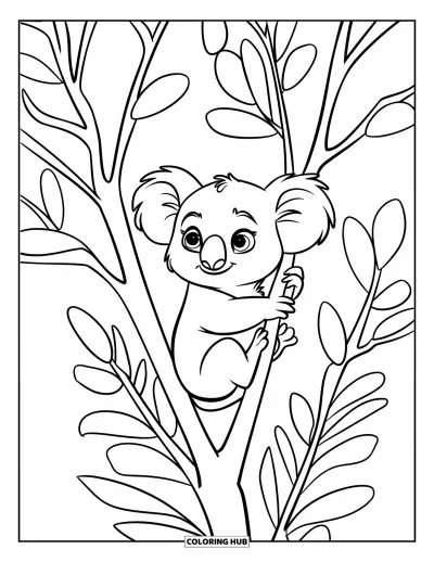 Baby-Koala-Ausmalbild für Kinder: Ein Koala klettert an einem Baum mit großen ovalen Blättern auf weißem Hintergrund