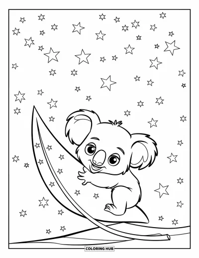 Baby-Koala-Ausmalbild für Kinder: Ein Koala kuschelt sich an ein großes Blatt mit Sternen am Himmel darüber