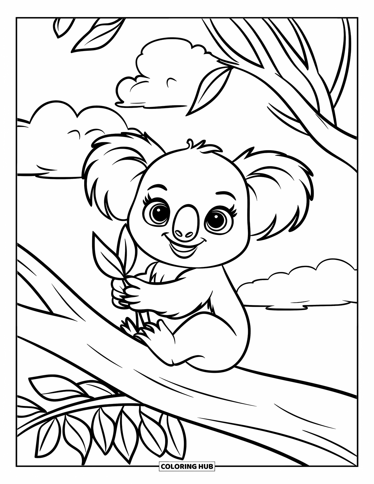 Baby Koala Coloring Page for Kids: A koala holds a eucalyptus leaf while sitting on a large tree branch