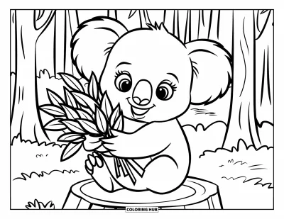 Baby-Koala-Ausmalbild für Kinder: Ein Koala umarmt Eukalyptusblätter auf einem Baumstumpf sitzend