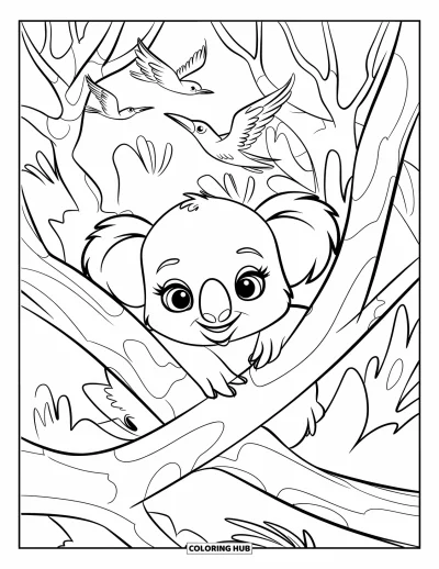Baby-Koala-Ausmalbild für Kinder: Ein Koala kuschelt sich in einen Baum, umgeben von Vögeln und Blättern