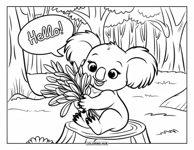 Baby-Koala-Ausmalbild für Kinder: Ein Koala auf einem Baumstumpf sagt “Hallo!” und hält Eukalyptusblätter in der Pfote