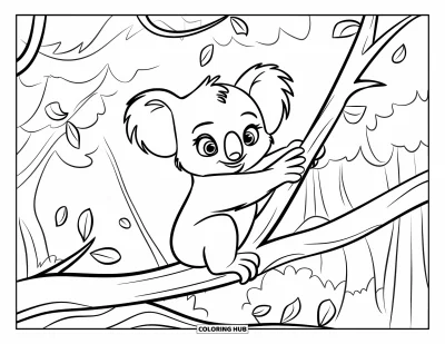 Baby-Koala-Ausmalbild für Kinder: Ein Koala sitzt auf einem hohen Ast in einem windigen Wald