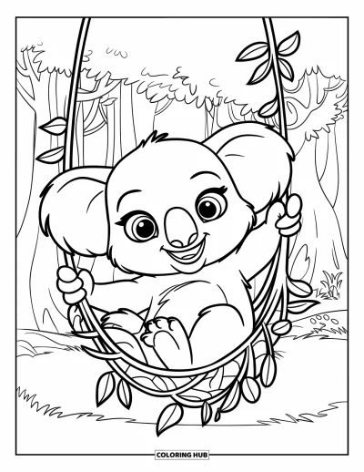 Baby-Koala-Ausmalbild für Kinder: Ein Koala ruht in einer Hängematte aus Ranken mit Vögeln in der Nähe
