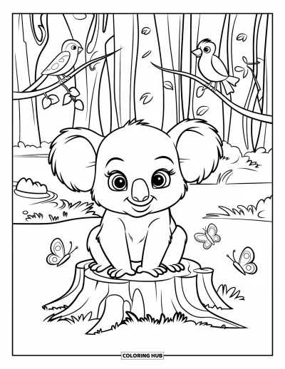 Baby-Koala-Ausmalbild für Kinder: Ein Koala sitzt auf einer Lichtung mit Vögeln und Schmetterlingen in der Nähe