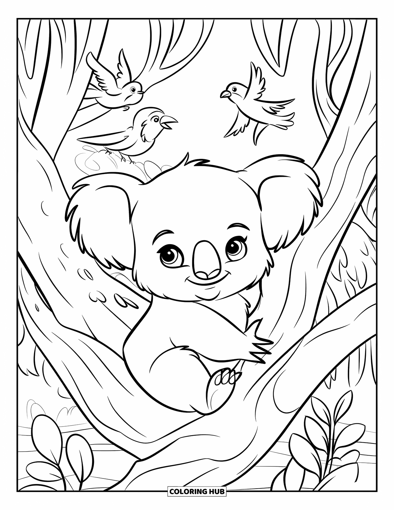 Baby Koala Coloring Page for Kids: A koala snuggles in tree branches with birds overhead