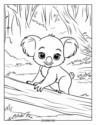 Baby-Koala-Ausmalbild für Kinder: Ein Koala läuft an einem umgefallenen Baumstamm durch dichten Wald entlang