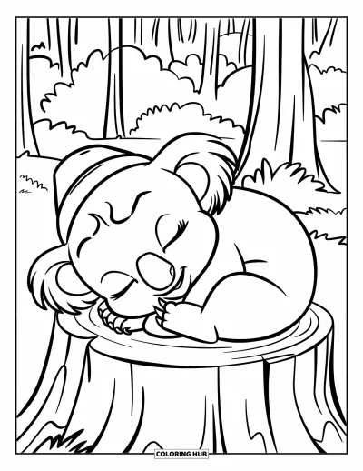 Baby-Koala-Ausmalbild für Kinder: Ein schlafender Koala rollt sich auf einem Waldstumpf zusammen und trägt ein kleines Hütchen
