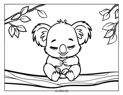 Baby-Koala-Ausmalbild für Kinder: Ein verschlafenes Baby-Koala sitzt auf einem Ast, hält Blätter in einer friedlichen Umgebung