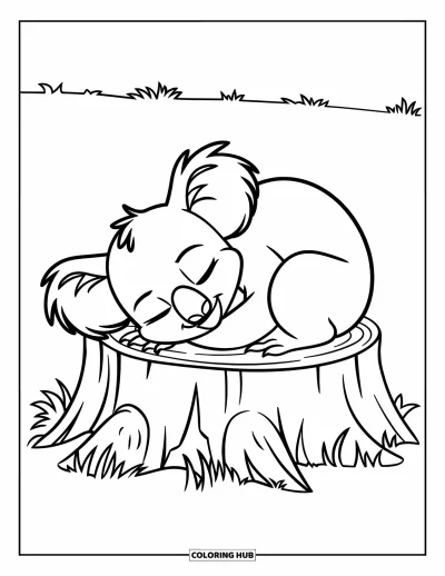 Baby-Koala-Ausmalbild für Kinder: Ein verschlafener Koala ruht auf einem runden Stumpf auf einer ruhigen Wiese