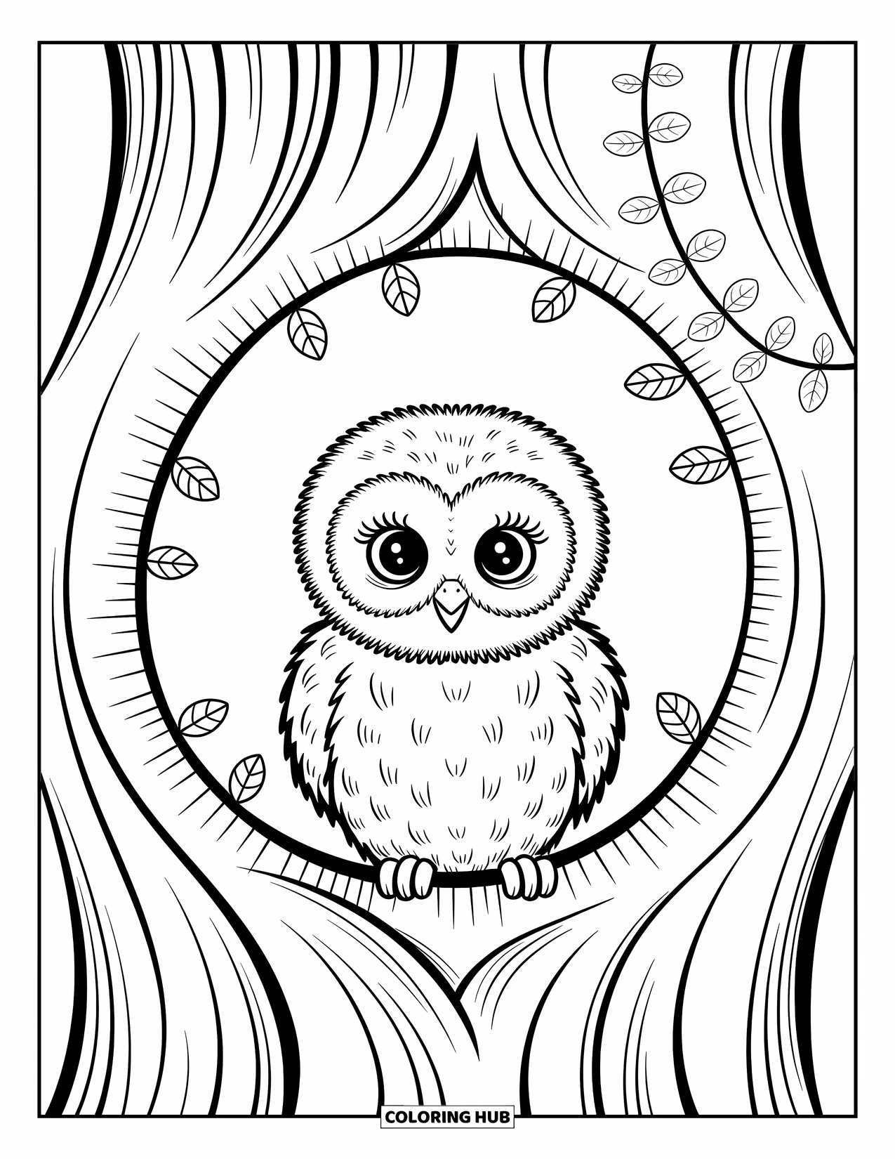 Baby Owl Coloring Page for Adults: Baby owl curiously peeks from a tree hollow surrounded by leaves and vines