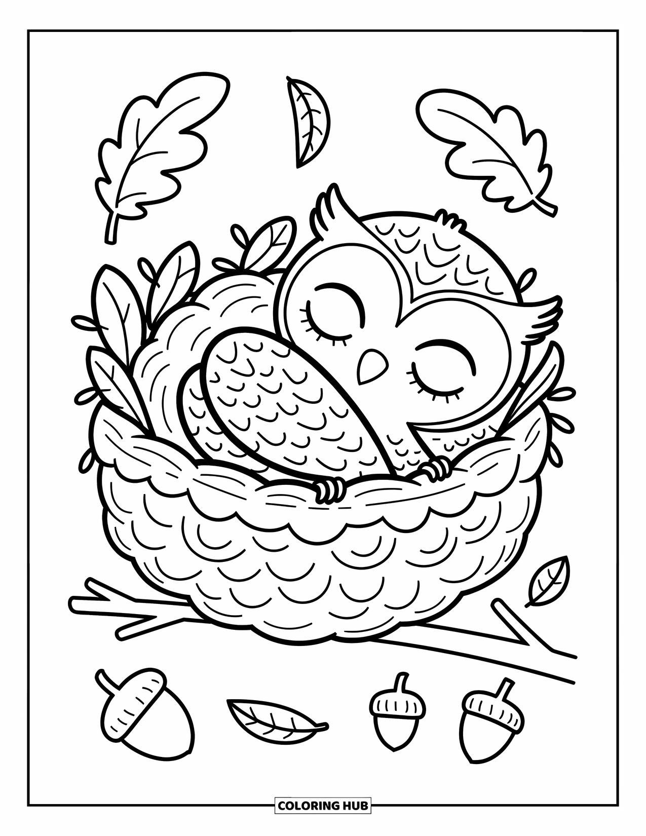 Baby Owl Coloring Page for Adults: Baby owl curls up in a leafy nest with acorns gently scattered nearby