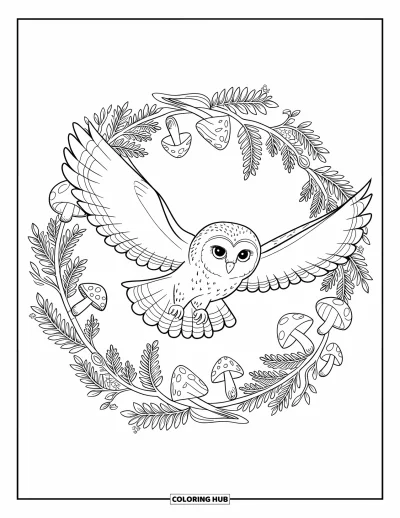 Baby-Eulen-Ausmalbild für Erwachsene: Ein Baby-Eulen-Küken fliegt durch ein florales Mandala aus Pilzen, Farnen und Ästen