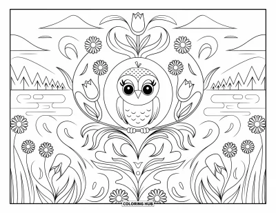 Baby-Eulen-Ausmalbild für Erwachsene: Ein Baby-Eulen-Küken mit kleinem Hut sitzt in einem floralen Mandala mit Bergen in der Ferne