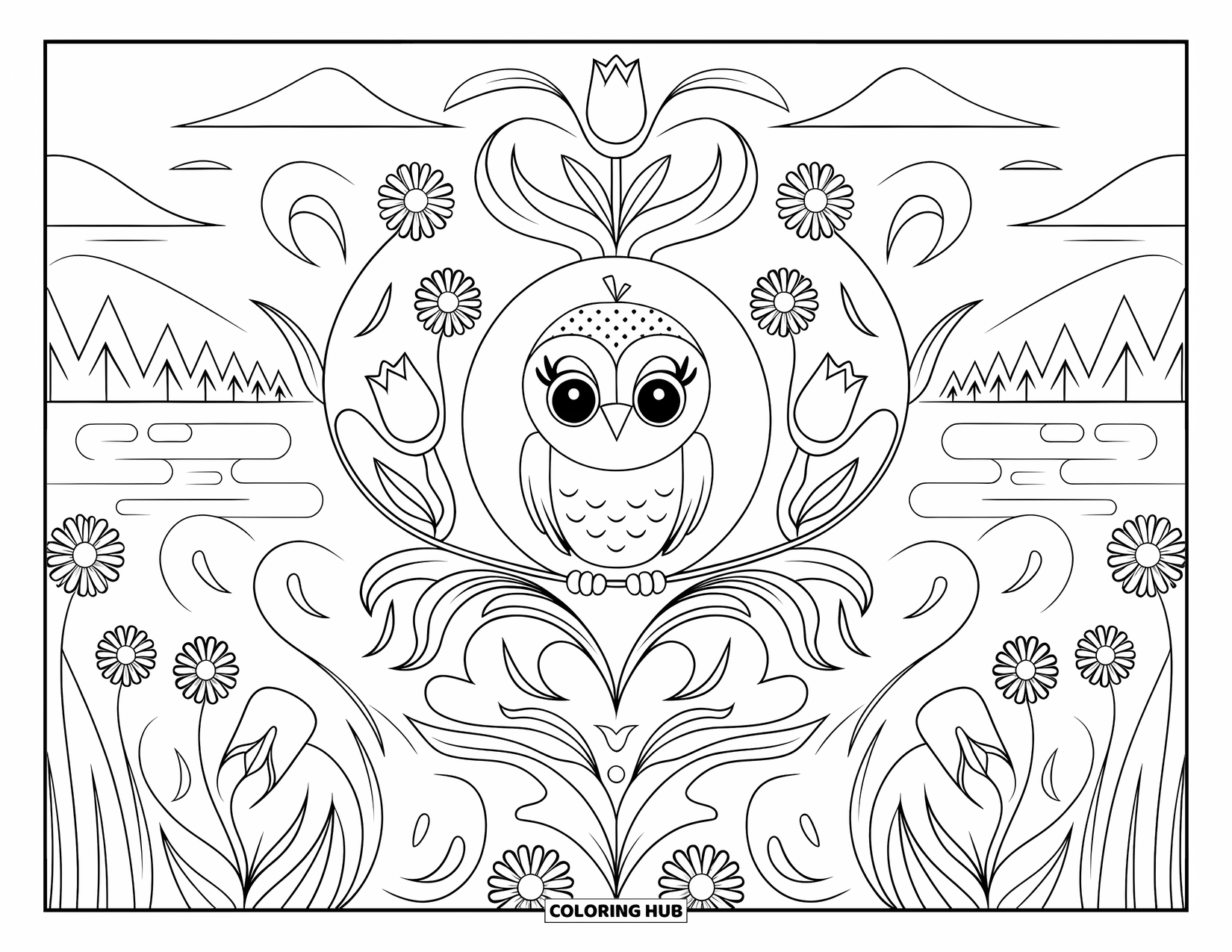 Baby Owl Coloring Page for Adults: Baby owl in a tiny hat sits in a floral mandala with mountains in the distance