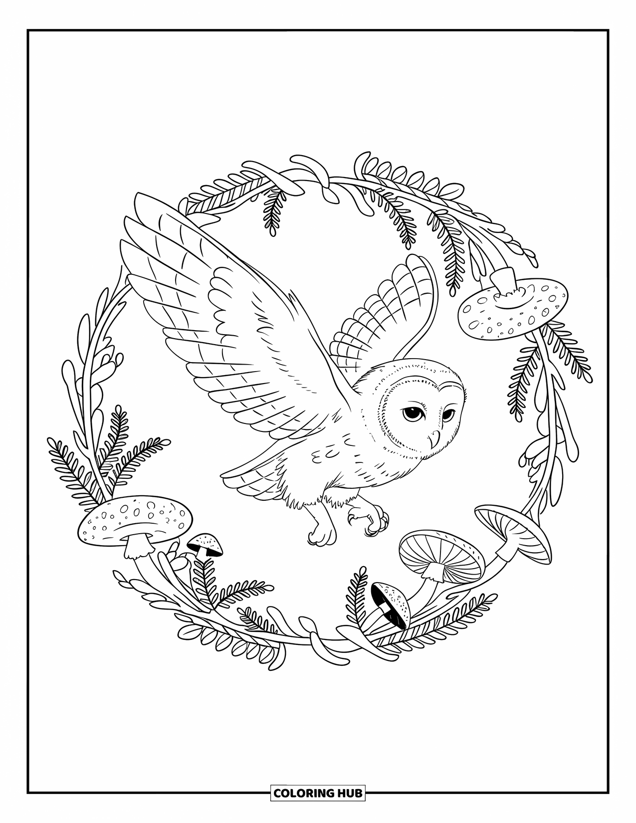 Baby Owl Coloring Page for Adults: Baby owl in flight is framed by a mandala of mushrooms, ferns, and branches