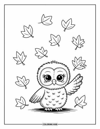 Baby-Eulen-Ausmalbild für Erwachsene: Ein Baby-Eulen-Küken hebt einen Flügel, um ein fallendes Blatt in einer herbstlichen Szene zu fangen